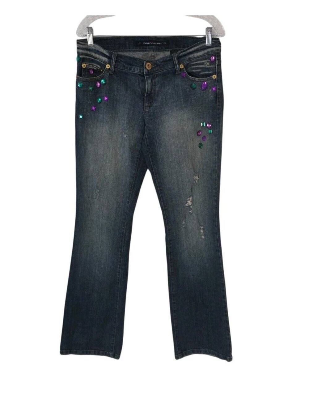 DKNY Jeweled Jeans Blue Distressed Denim Boho Bling Gemstones Juniors Size 9‎